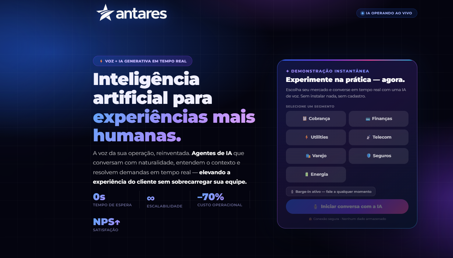 Tela de demonstração do Antares IA com seleção de segmento e conversa por voz em tempo real